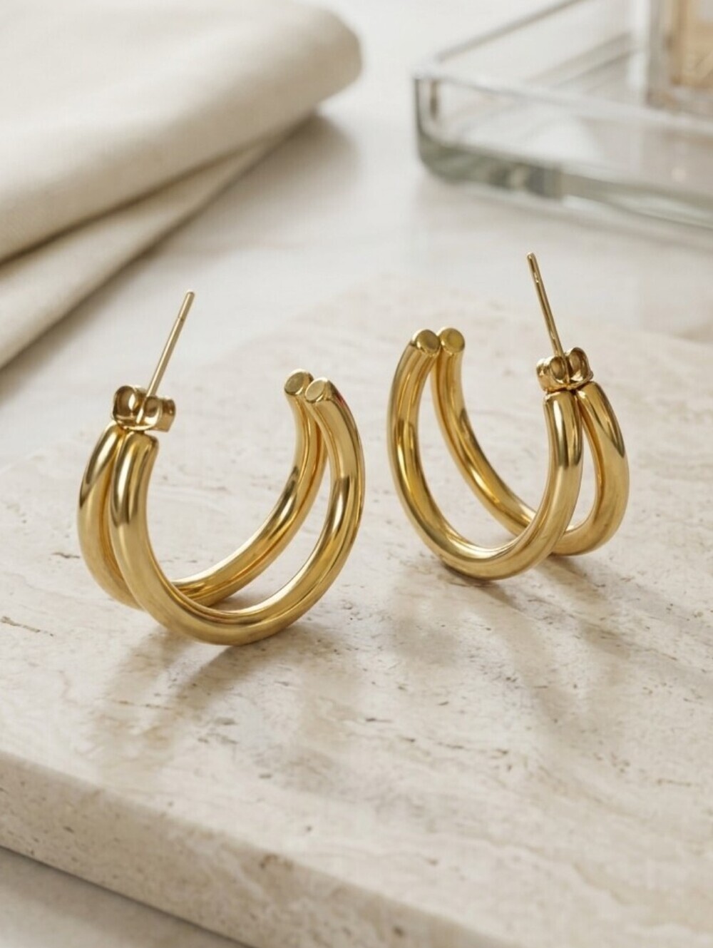 18K Gold Plated 316L Steel Chunky Double C Split Hoop Earrings 1" - Picture 14 of 16